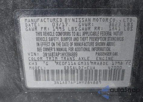 2017 Nissan Sentra Sv from USA, damaged, VIN 3N1AB7AP1HY284889